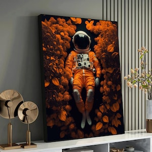 Orange Astronaut Art Print - Surreal Space Explorer Canvas, Cosmic Adventurer Poster, Sci-Fi Wall Art, Astronaut in Nature Illustration
