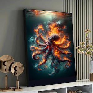 Ember of the Sea: Fiery Octopus Rising from the Depths - Intense Marine Life Art Print
