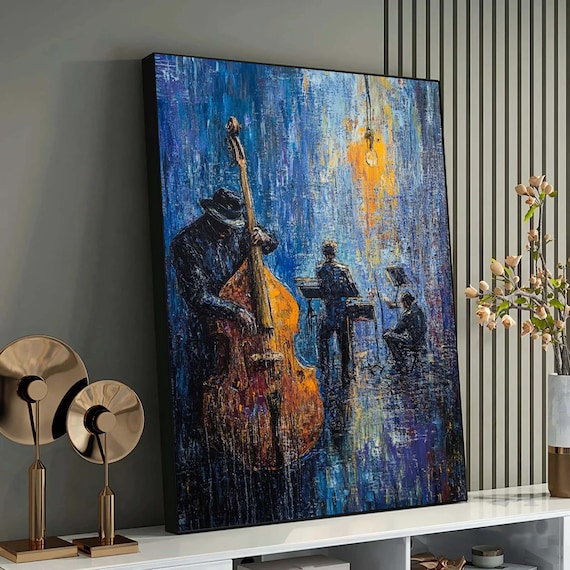 Jazz Band Painting, Abstract Music Art With Double Bass, Blue and