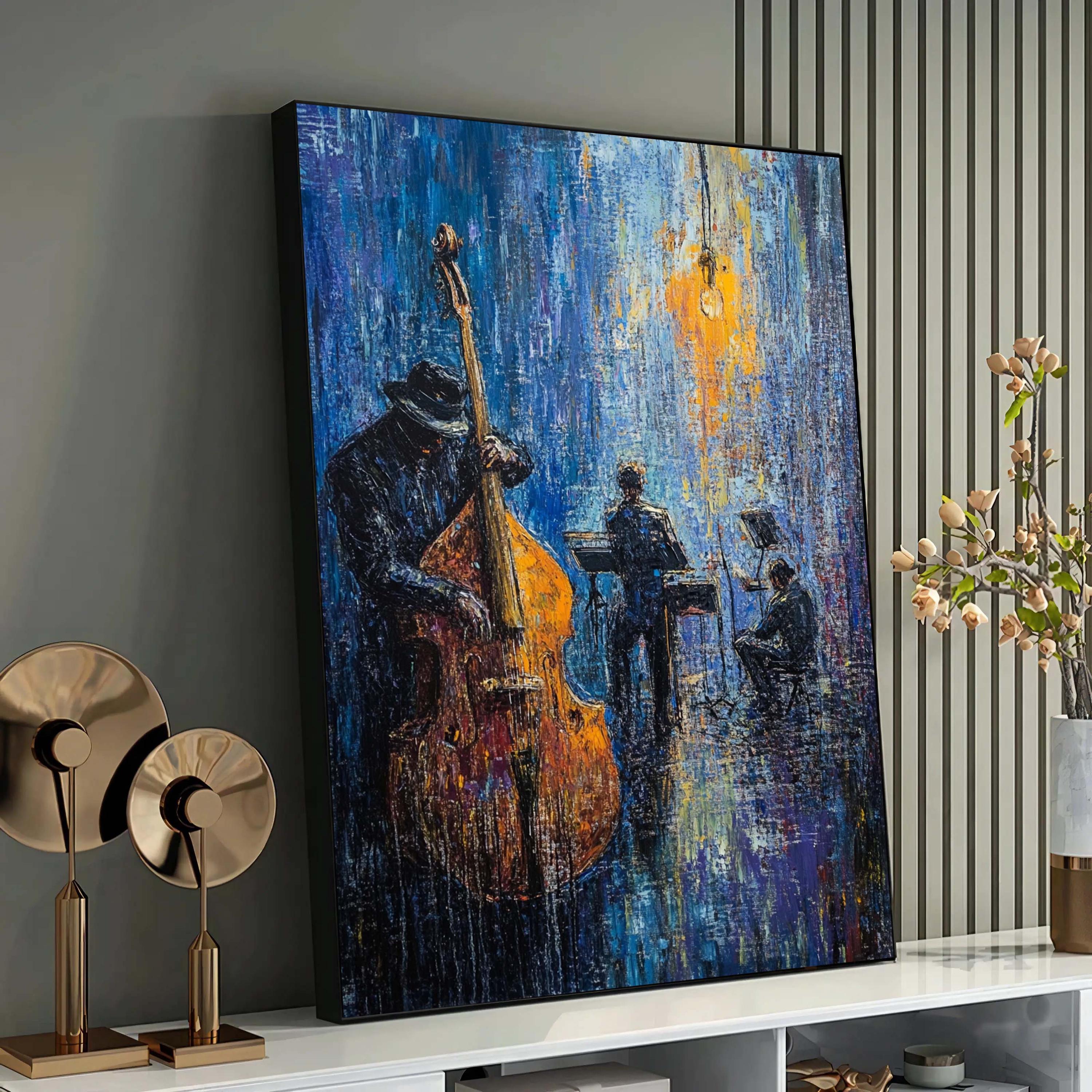 Jazz Band Painting, Abstract Music Art With Double Bass, Blue and