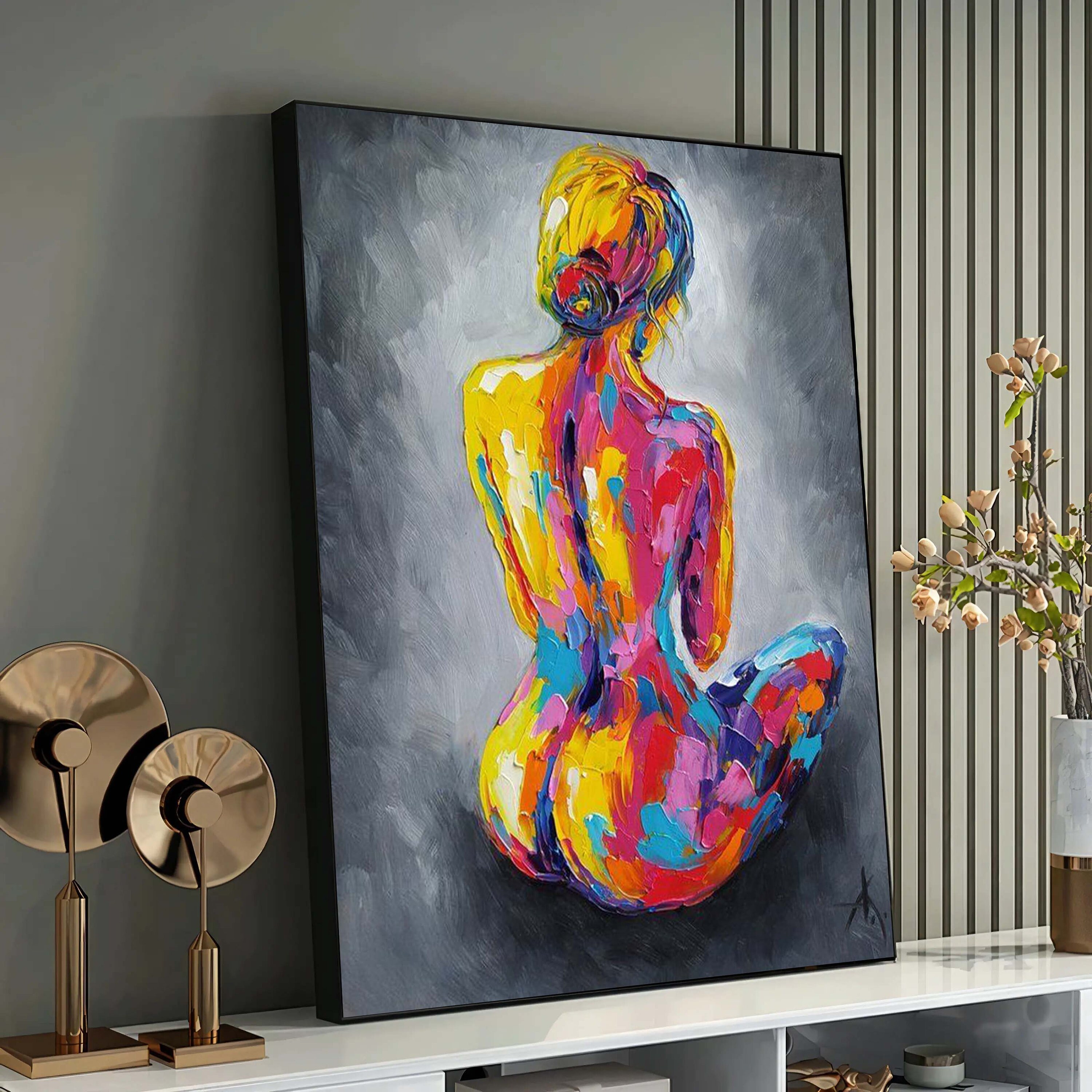 Colourful  Nude Woman Canvas Print, Contemporary Wall Art, Minimalist Home Decor, Female Figure,Bedroom Decor, Living Room Art