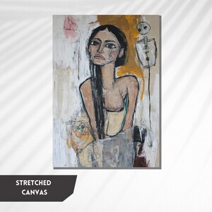 May include: A painting of a woman with long black hair, wearing a white top and sitting in a chair. The background is a mix of yellow, white, and brown colors. A skeleton is painted in the upper right corner of the painting.