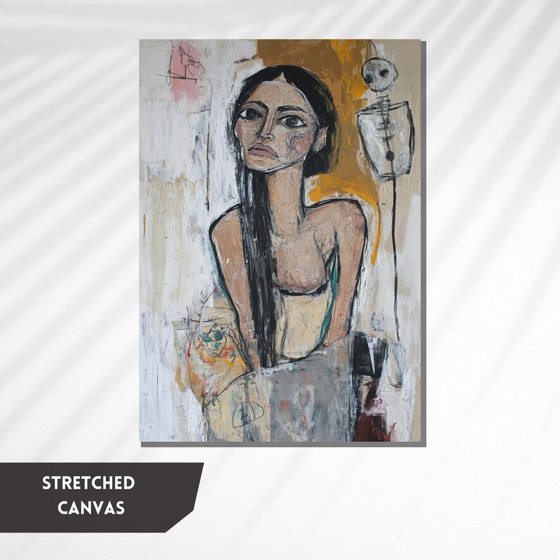 May include: A painting of a woman with long black hair, wearing a white top and sitting in a chair. The background is a mix of yellow, white, and brown colors. A skeleton is painted in the upper right corner of the painting.