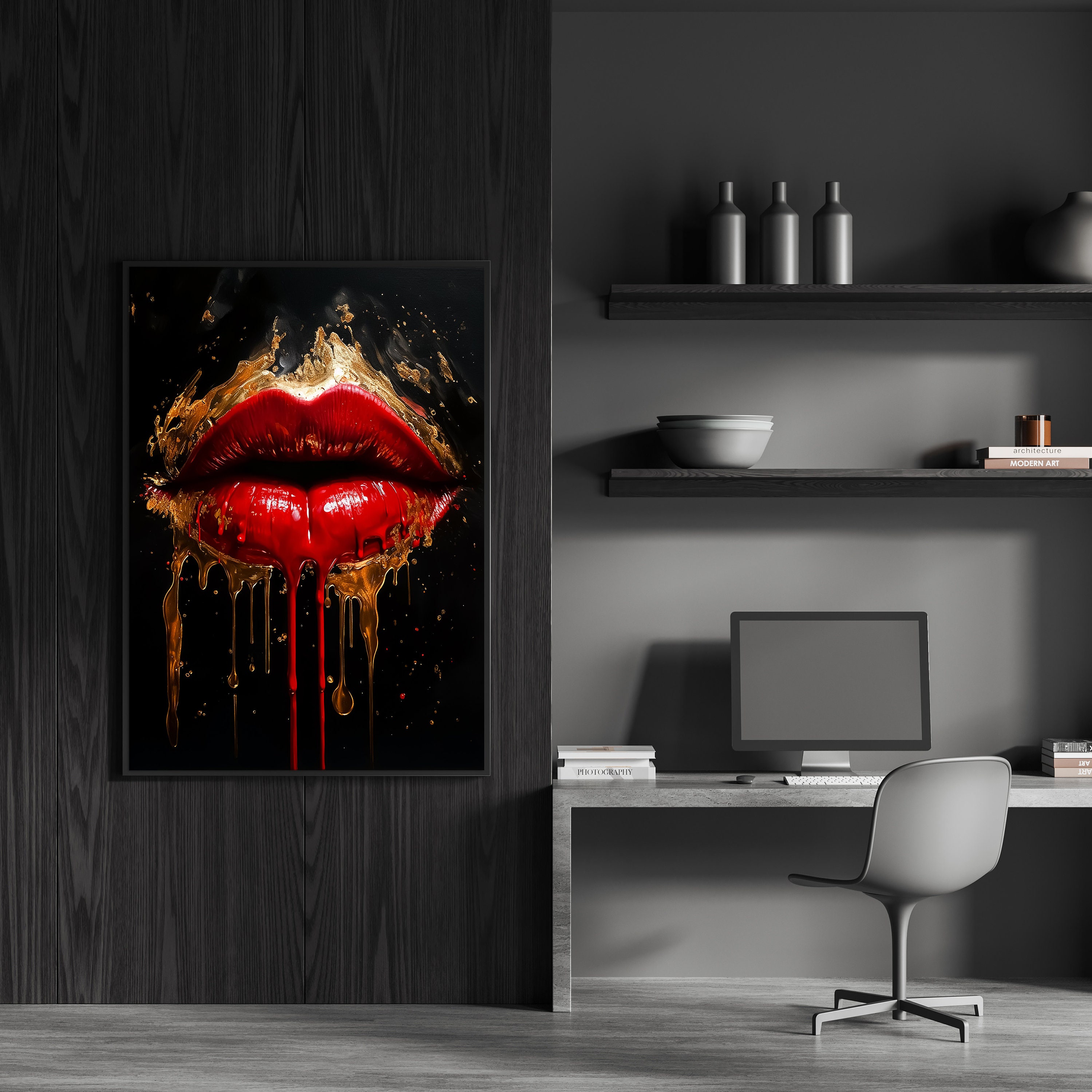 Luxurious Red Lips Art Print - Bold Lipstick Wall Art, Gold Drip Mouth ...