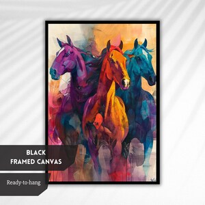 May include: Abstract painting of four horses running, with a purple, orange, blue, and teal colour scheme. The painting is framed in black and ready to hang.