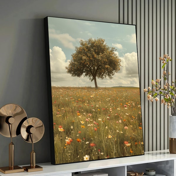 Meadow and Lone Tree Canvas Print - Tranquil Nature Scene Wall Art -Perfect for Rustic Home Decor and Relaxation,Framed Canvas Ready to Hang