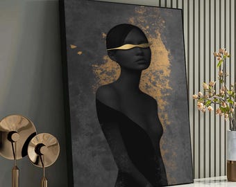 Arte abstracto minimalista de mujer en oro y negro, decoración de pared moderna, lienzo elegante con silueta femenina, decoración de lujo para el hogar y la oficina