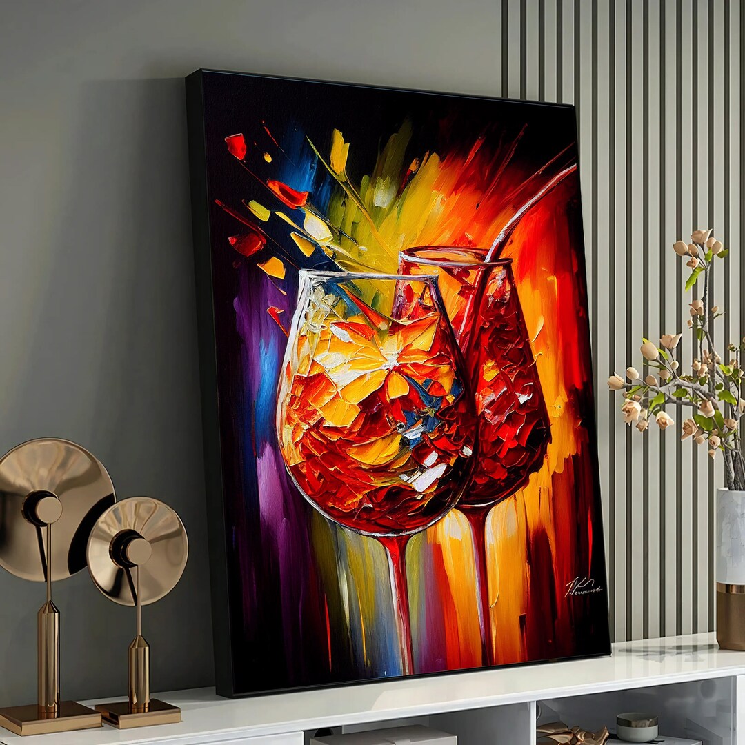 Cocktail Art, Explosive Abstract Wine Glass Canvas Art - Vivid Color ...