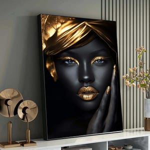 Gold and Black Woman Portrait, Bold Luxury Art Print, Modern Glam Wall Decor, Afro Beauty with Golden Makeup, Empowering Feminine Art