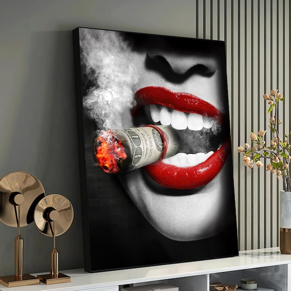 Bold Statement Art Print - Red Lips and Money Roll - Provocative Wall Art for Modern Interiors - Conversation Starter Canvas,Living Room Art