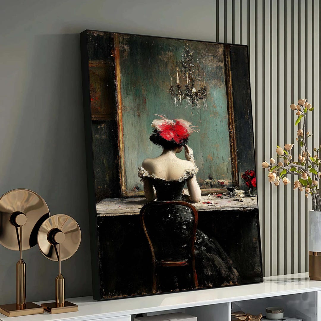 Elegant Lady at Vanity Painting, Vintage Glamour Art, Woman in Black ...