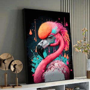 ibrant Flamingo Art Print - Psychedelic Bird Illustration, Colorful Wildlife Canvas, Neon Pink Flamingo Poster, Modern Tropical Wall Art