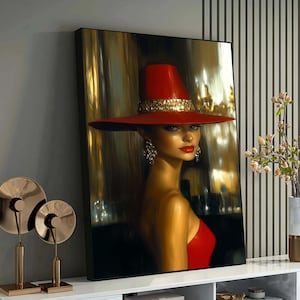 Art mural femme élégante au chapeau rouge, tableau glamour inspiré de la mode, toile dorée et rouge pour le salon, portrait moderne et élégant, ART DE FEMME