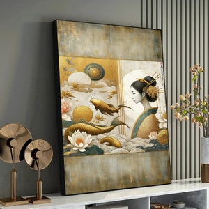Belleza etérea: Geisha japonesa vintage con carpa dorada y loto - Arte de pared de elegancia atemporal