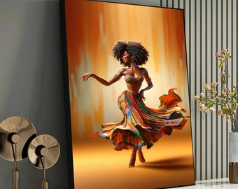 Vibrant African Beauty Canvas Art - Graceful Dancer in Flowing Dress, Colorful Afrocentric Wall Decor, Energetic and Cultural Artwork