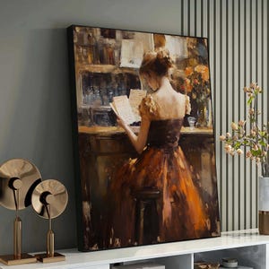 Vintage Woman Reading Painting, Elegant Lady with Book Art Print, Classical Romantic Wall Art, Timeless Literary Scene, Gift for Book Lovers