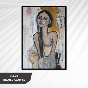 May include: Abstract painting of a woman with long black hair, wearing a white top and sitting with a skeleton figure behind her. The painting is done in a colorful style with a mix of brushstrokes and textures.