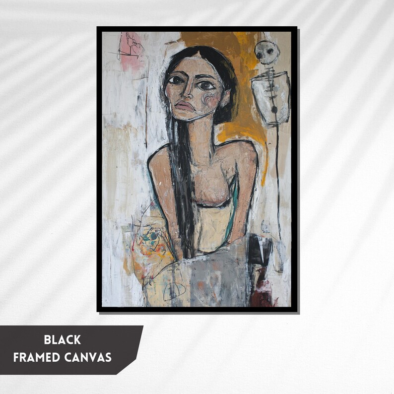 May include: Abstract painting of a woman with long black hair, wearing a white top and sitting with a skeleton figure behind her. The painting is done in a colorful style with a mix of brushstrokes and textures.