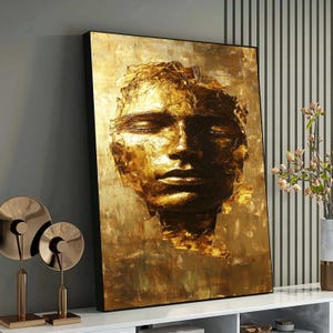 Golden Abstract Face Art, Gold Leaf Wall Art, Modern Portrait Painting, Luxury Home Decor, Metallic Art for Living Room