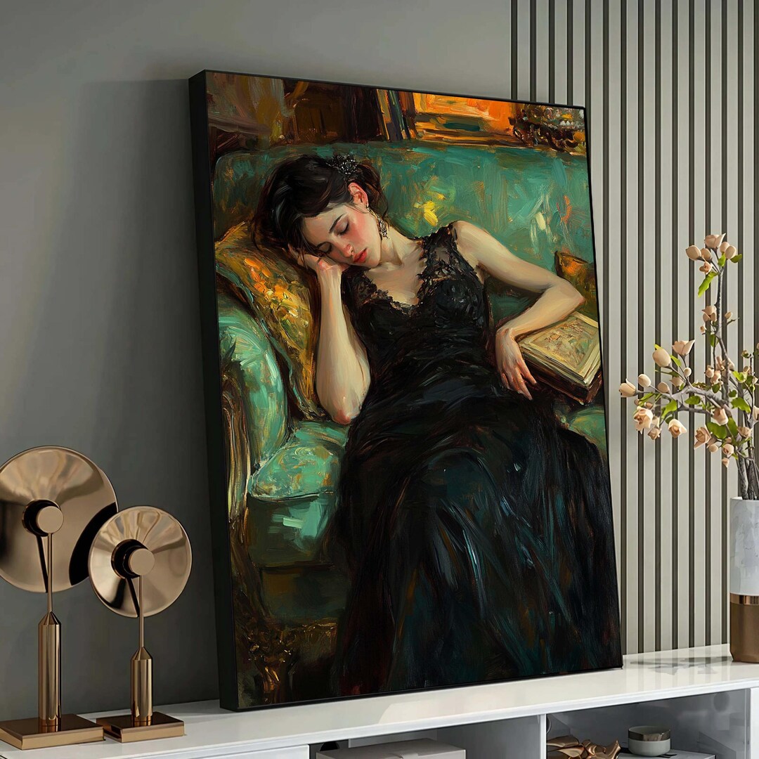Sleeping Woman on Sofa Painting – Romantic Realism Art, Elegant Black ...