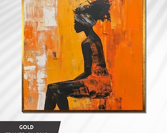 Vibrant African Woman Silhouette Art, Orange and Black Abstract Painting, Modern Afrocentric Wall Decor, Bold Female Figure Canvas