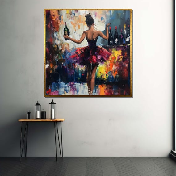 ワインを飲んだバレリーナの絵画、カラフルなダンスの壁アート