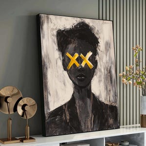 May include: Abstract portrait painting of a person with yellow "XX" marks over the eyes. The artwork features a black and white background with a black-suited figure. The painting is framed in a black border.
