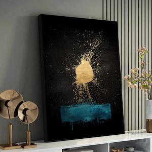 Abstract Gold and Teal Brush Stroke Art Print - Modern Luxury Wall Art,Gold Splash on Black Canvas,Contemporary Home Decor,Artistic Painting