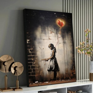 Lost Innocence: Solitary Girl with Heart Balloon amidst Urban Decay, Banksy Painting, Urban Artwork
