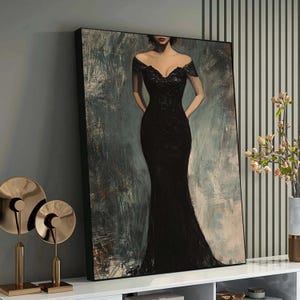 Elegant Woman in Black Dress Painting, Glamorous Fashion Wall Art, Feminine Chic Décor, Stylish Portrait for Modern Home