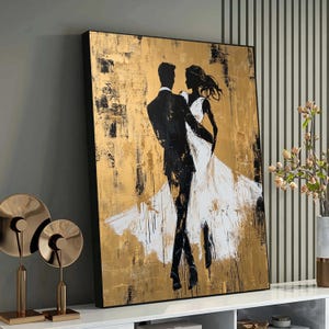 Elegantes Paar tanzende Kunst, Gold und Schwarz, romantische Wanddekoration, Hochzeitsgeschenk, moderne Silhouette Kunst für Paare