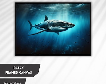 Majestic Great White Shark in Deep Blue Sea - Realistic Ocean Predator Canvas Art, Nautical Wildlife Wall Decor, Marine Life Print