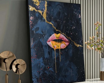 Bold Elegance Lip Art Print - Lienzo abstracto de beso de oro, arte moderno de la pared, decoración del hogar elegante y glamorosa