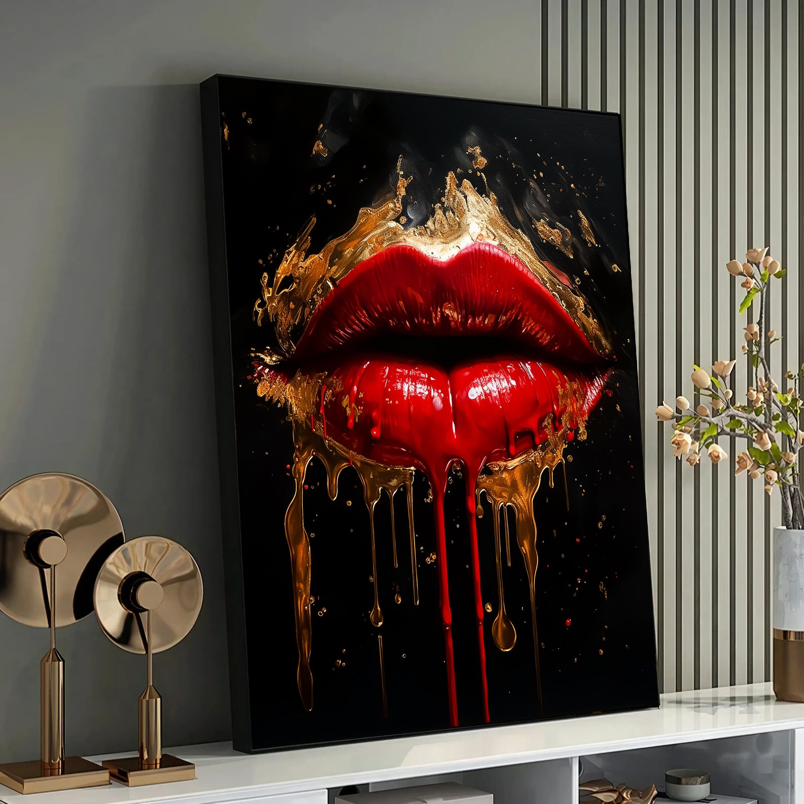 Luxurious Red Lips Art Print - Bold Lipstick Wall Art, Gold Drip Mouth ...