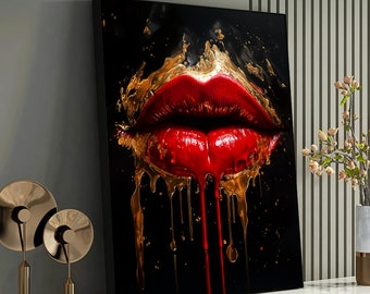 May include: A close-up of a red, dripping, glossy lip with gold paint dripping down the sides. The background is black.