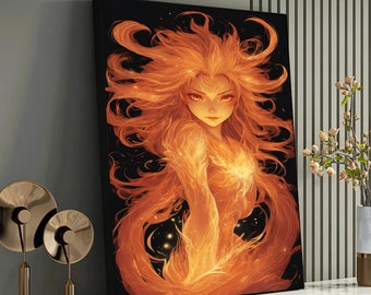 Flames of Enchantment: Mystical Fire Maiden Wall Art, Fire Woman, Fire Dance Art