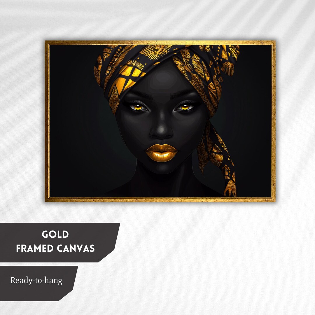 Striking Black Woman Portrait With Gold Accents, Bold African Headwrap ...