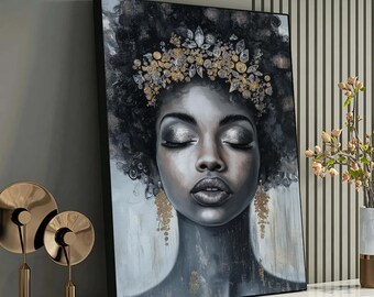 May include: A black and white portrait painting of a woman with her eyes closed. She is wearing a crown of gold and silver flowers and large gold earrings. The background is a light gray with a textured effect.