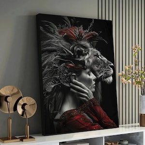 Lion and Woman Canvas Art - Ready-to-Hang Lion Portrait - Contemporary Lion Decor-Office - Ideal Gift for Lion Lovers,Ready to Hang Painting