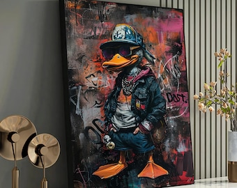 Urban Fashion Duck Canvas Art - Street Style Animal Graffiti - Hip and Trendy Wall Decor - Quirky Modern Artwork for Home and Office