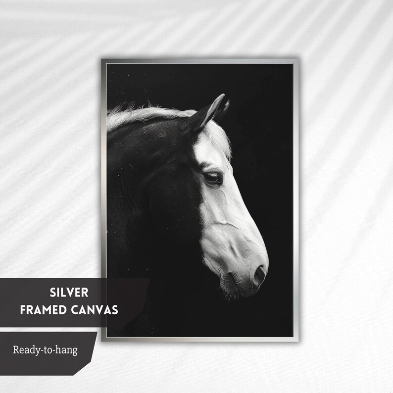 Puede incluir: Fotograf&iacute;a en blanco y negro de la cabeza de un caballo de perfil, impresa en lienzo y enmarcada en plata.