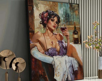 Mujer elegante en bañera con vino, pintura al óleo romántica, arte sensual, decoración de lujo, regalo ideal para ella