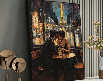 May include: A painting of a couple sitting at a table in a Parisian cafe, with the Eiffel Tower visible in the background. The couple is looking at each other and holding hands. The painting is done in a realistic style with a warm color palette.