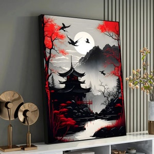 Amanecer tranquilo en la pagoda: lienzo de paisaje japonés sereno, decoración de pared para el hogar