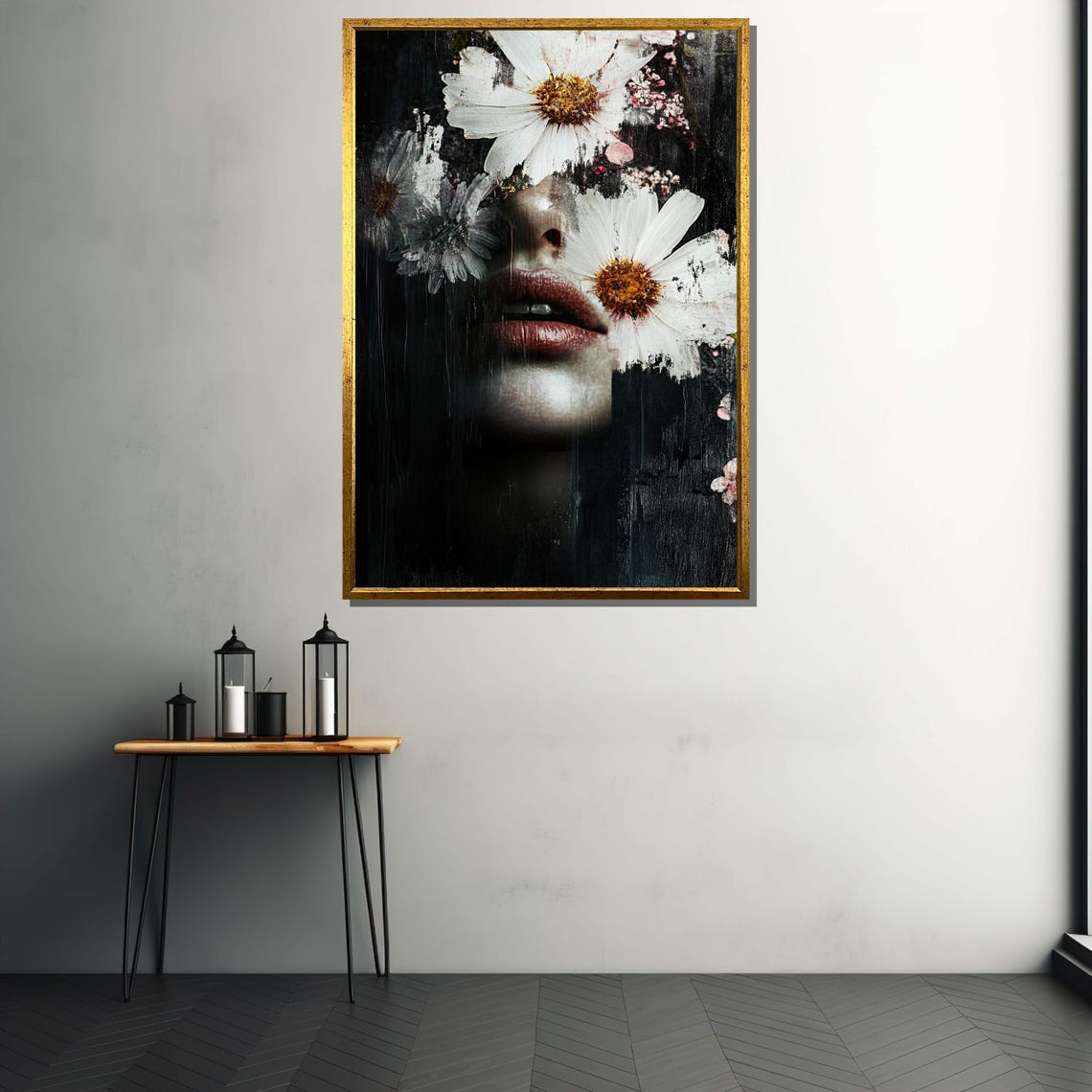 Abstract Floral Portrait Art Print, Feminine Face With Flowers Wall Art ...