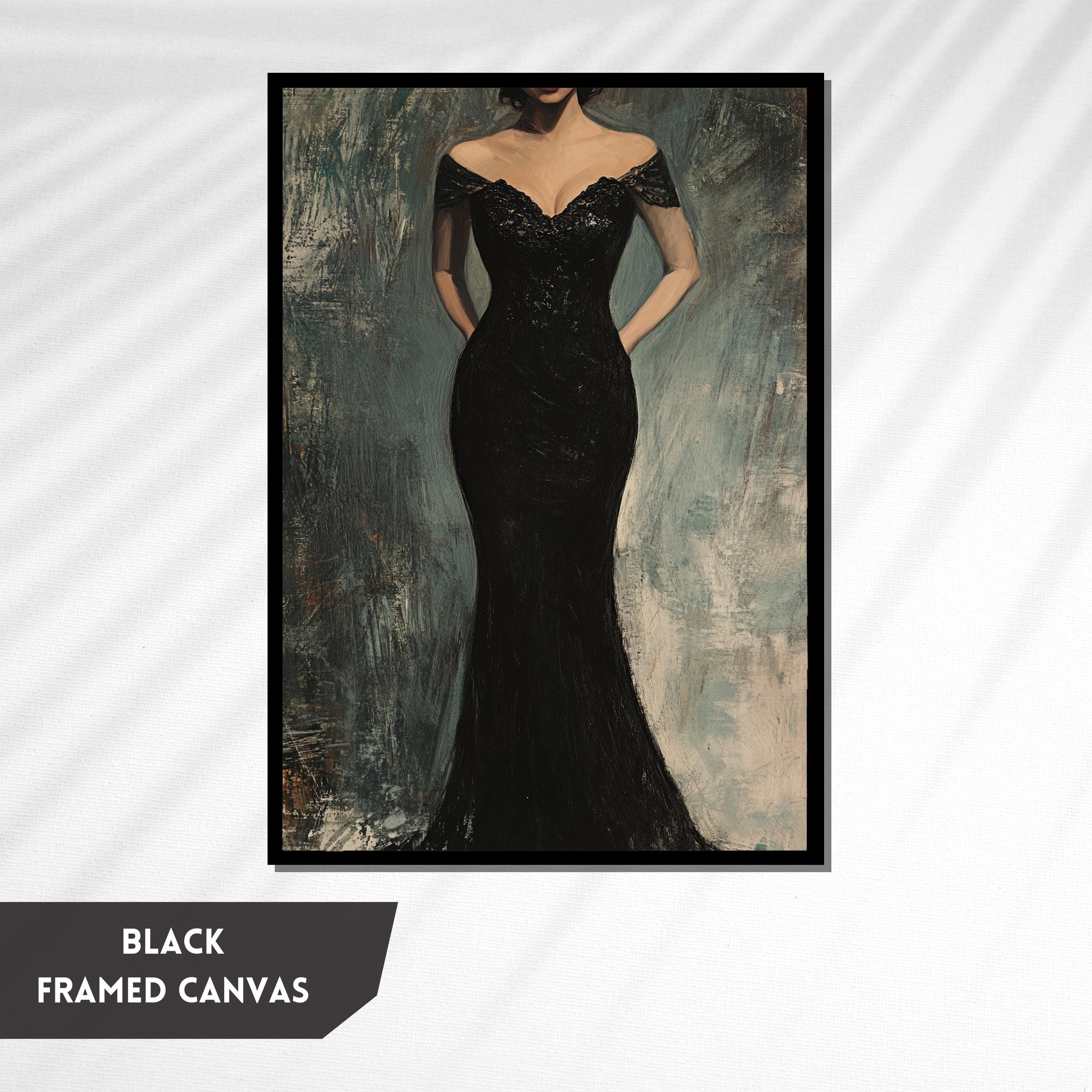 Elegant Woman in Black Dress Painting, Glamorous Fashion Wall Art ...