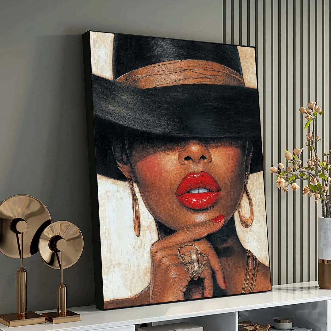 Mysterious Woman in Black Hat With Red Lips, Bold Fashion Portrait Art ...