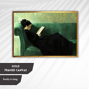 Elegant Lady Reading on Green Sofa – Vintage Feminine Art, Relaxing Literary Wall Decor, Cozy Victorian Style Home Decor