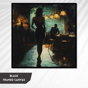 Puede incluir: Una pintura de una mujer con un vestido negro de pie en un bar tenuemente iluminado. La mujer est&aacute; mirando hacia el suelo. Hay un hombre sentado en una mesa en el fondo.