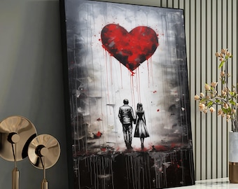 Amor en la desolación: impresión en lienzo de pareja abstracta moderna, grafiti, arte de Banksy, pintura romántica de arte callejero, decoración de pared emocional
